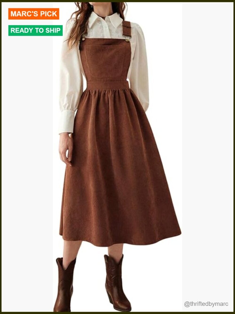 Corduroy Overall Dress Adjustable Strap A Line Flare Pinafore Midi